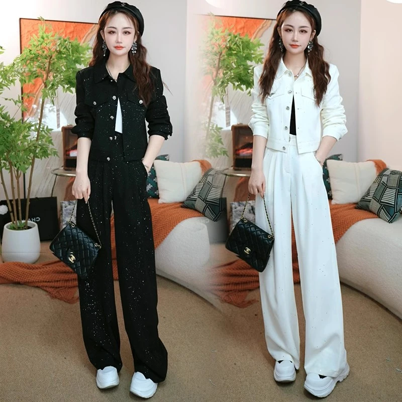时尚休闲套装女2025春季新款洋气显瘦细闪闪短外套阔腿裤两件套潮