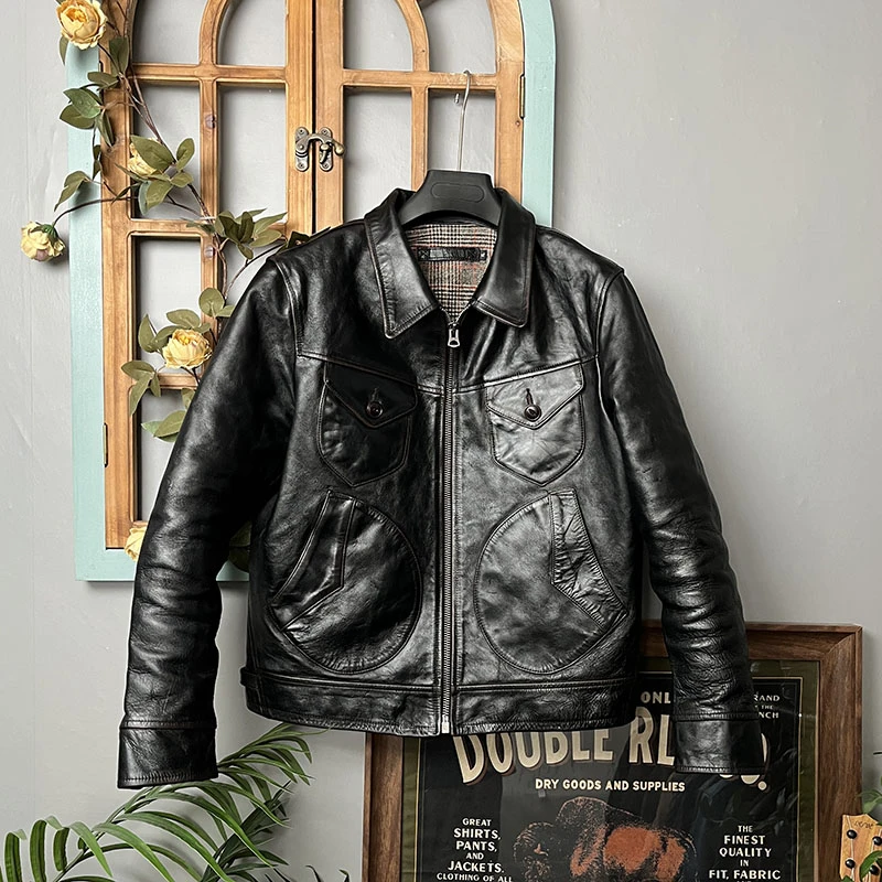 新款重水洗做旧黑色厚糯茶芯马皮门多萨皮夹克