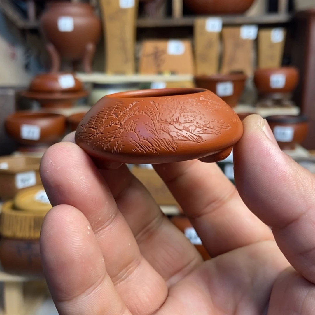 紫砂花盆孙伟手工制作带刻绘，内口经尺寸3×1.5