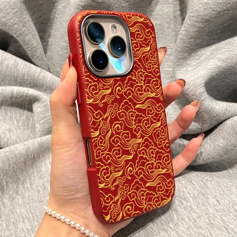 金色祥云纹适用苹果16手机壳15Promax创意iPhone14/13软皮纹外壳