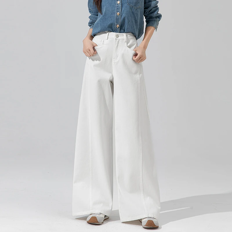 白色裤子女秋2025新款阔腿裤宽松慵懒风高腰牛仔裤垂感纯棉直筒裤