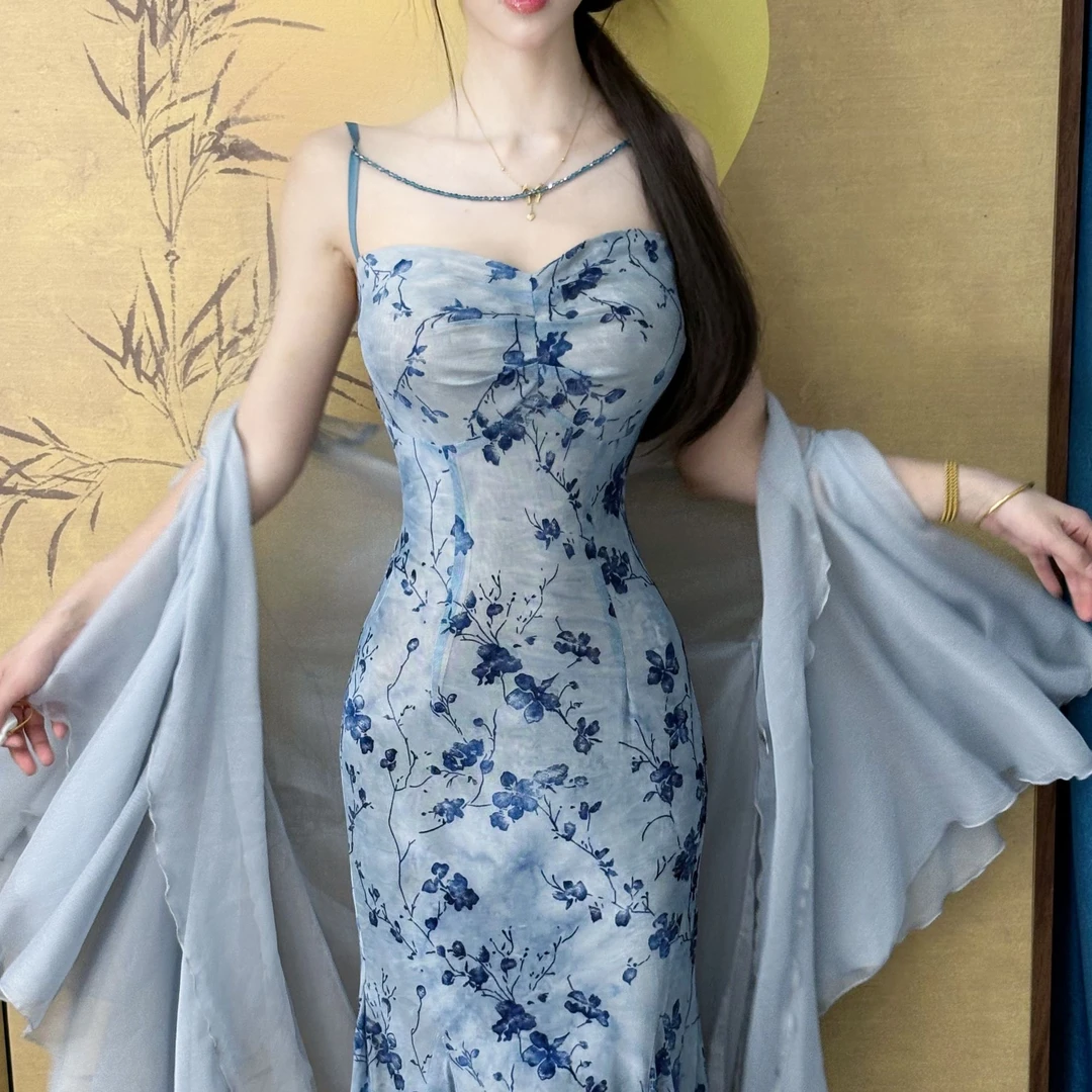 LHMknk1画报夫人原创自制鱼尾步步生莲植绒烧花小裙子 吊带梅花烙