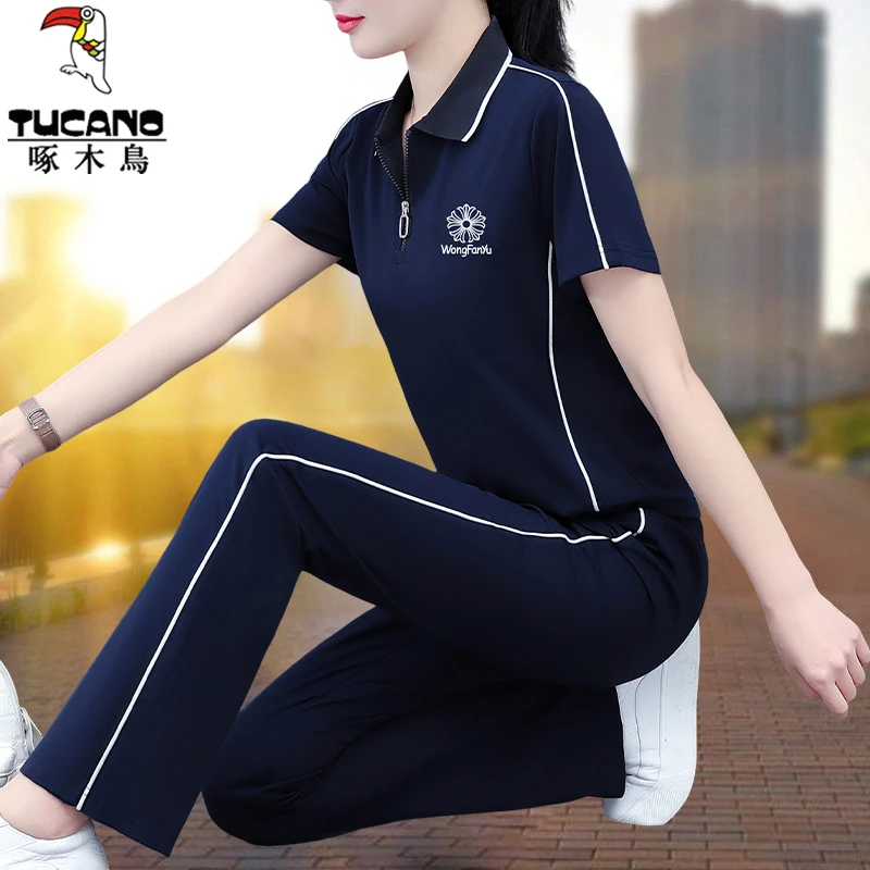 啄木鸟休闲套装女夏季2025新款中老年妈妈装冰丝洋气运动服两件套