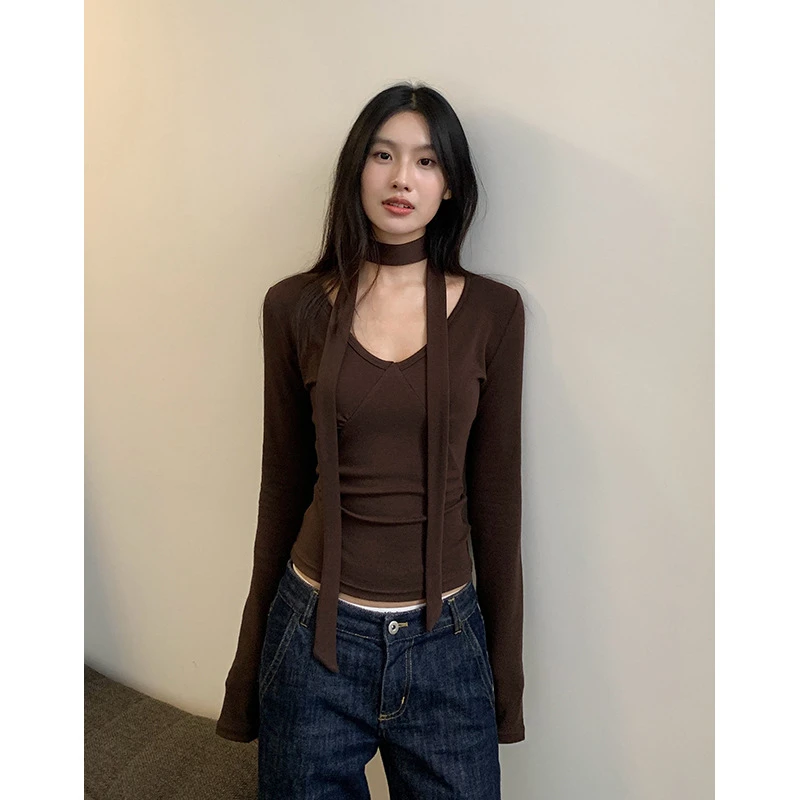 七小玖羊毛打底衫女秋季新款纯欲挂脖上衣显瘦修身氛围气质长袖