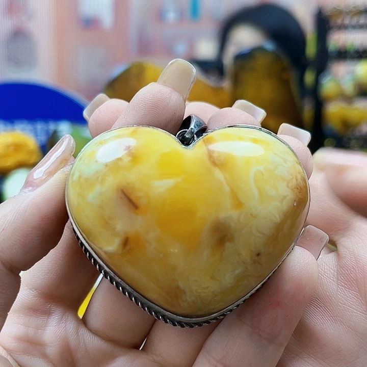 蜜蜡银S925镶嵌裸石吊坠