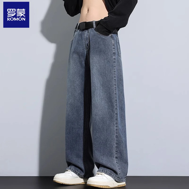 Romon/罗蒙新款牛仔裤男士直筒宽松美式高街休闲男阔腿百搭长裤子