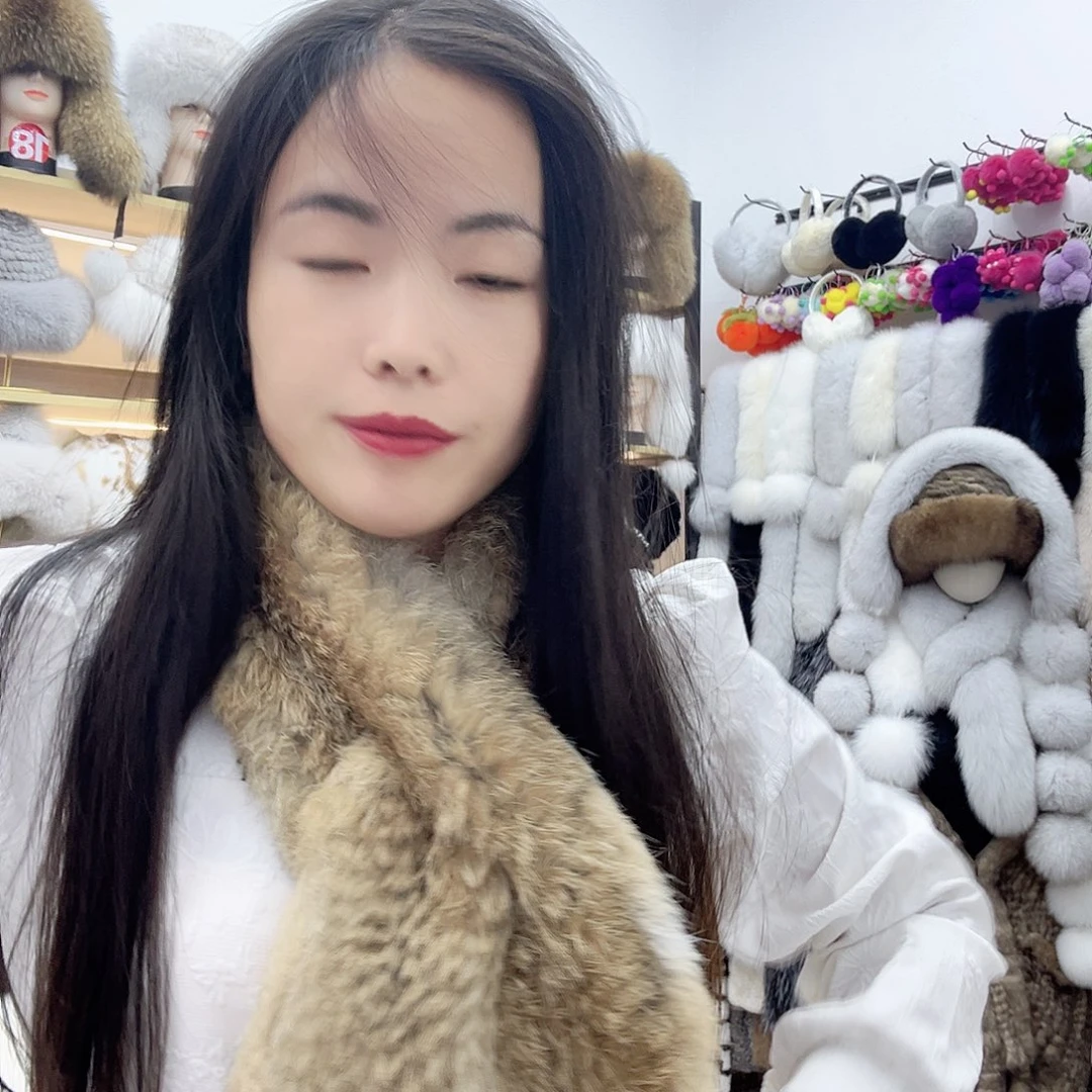 兔皮琥珀色兔毛编织围巾微瑕