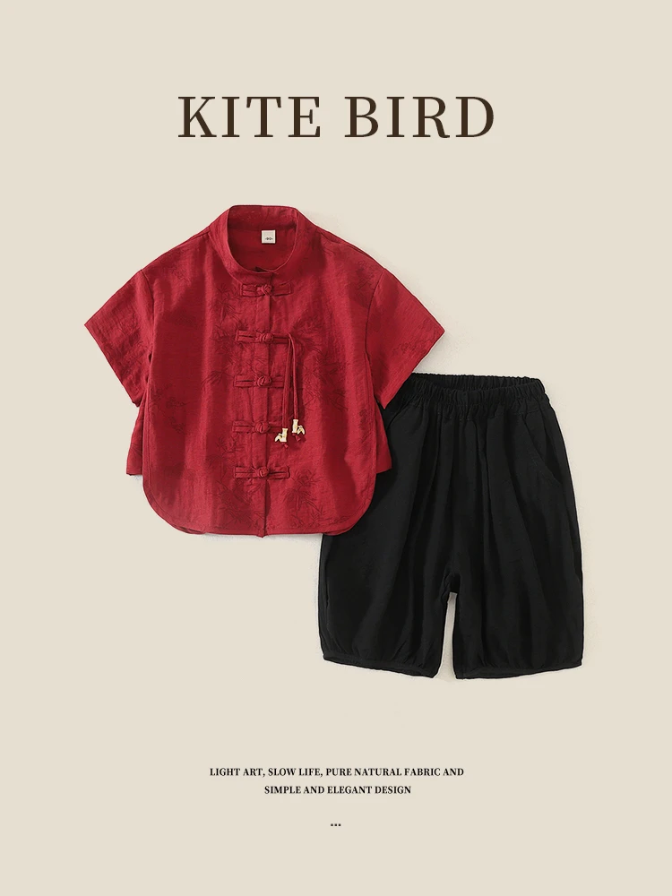 薄款男植物花卉纯色夏季唐装男孩女童童装汉服中国风男童秋装套装