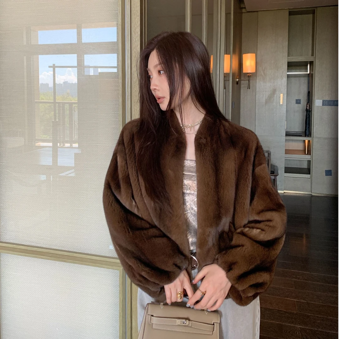 【林鹿儿】新款V领天鹅绒水貂女款女士设计师韩版天然皮草