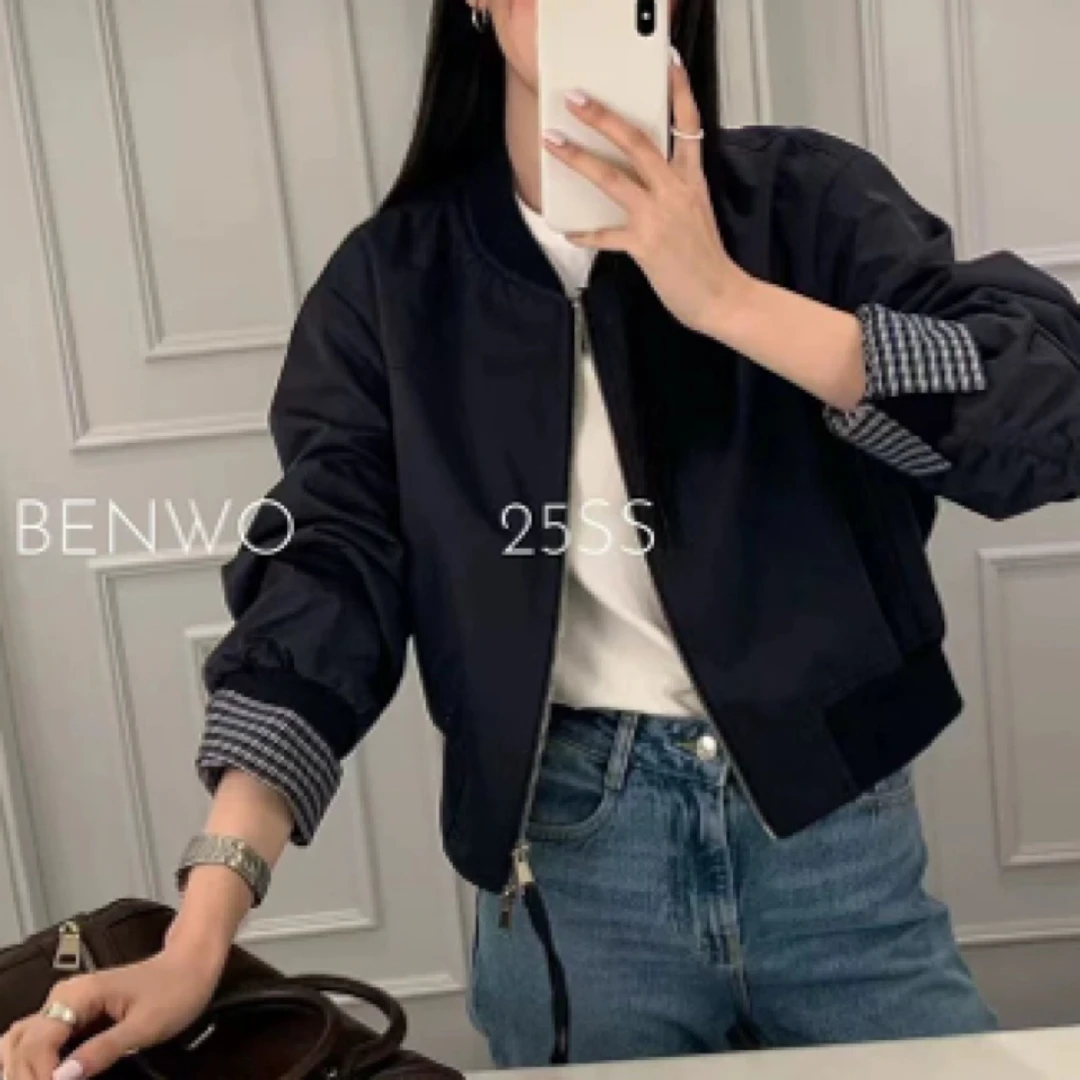 【大碗】韩系学院风短外套25早春米白色撞色格纹拼接宽松夹克上衣