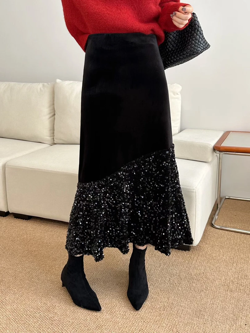 * 丽影 *秋冬新款* 丝绒亮片鱼尾半身裙 * 时尚垂感丝绒亮片半裙