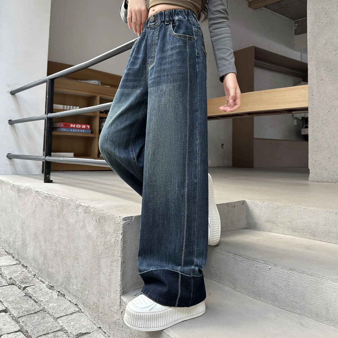 女童牛仔裤爆款2025秋季潮款长裤6-15岁翻脚口直筒裤牛仔裤25857