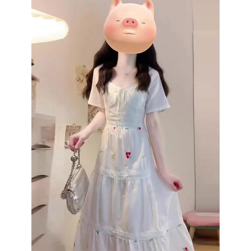 大码法式温柔风甜美刺绣蕾丝连衣裙女夏季胖mm遮肚显瘦A字长裙子