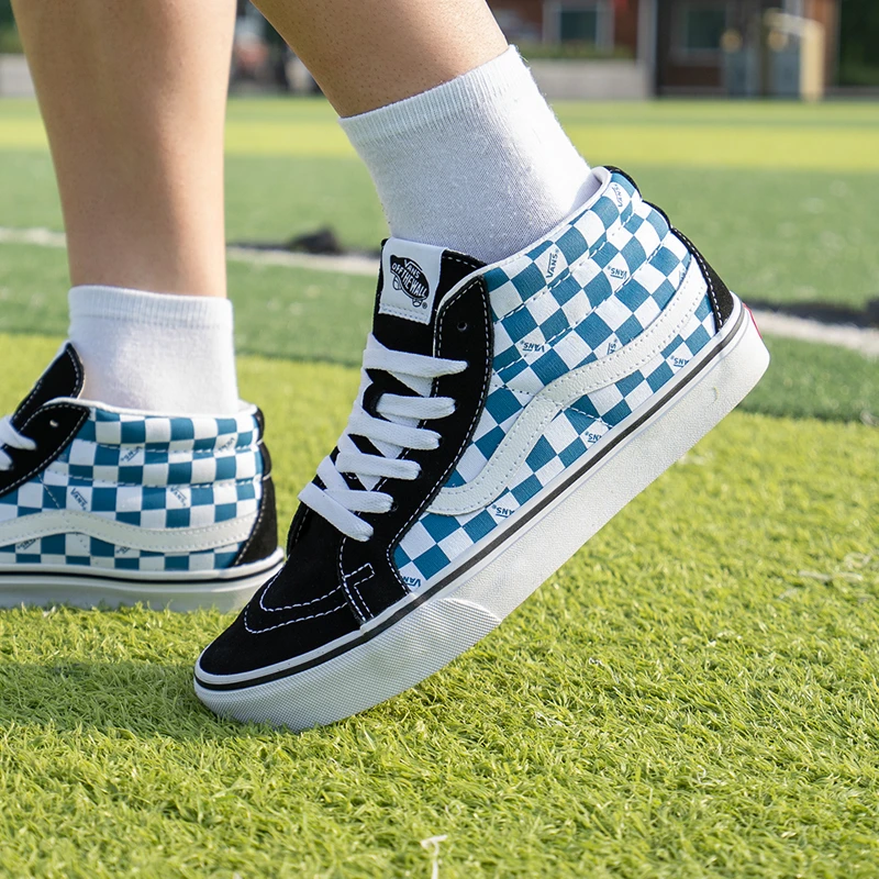 VANS范斯新款男女鞋SK8-Mid蓝白棋盘格休闲鞋中帮板鞋VN0A3MV万斯