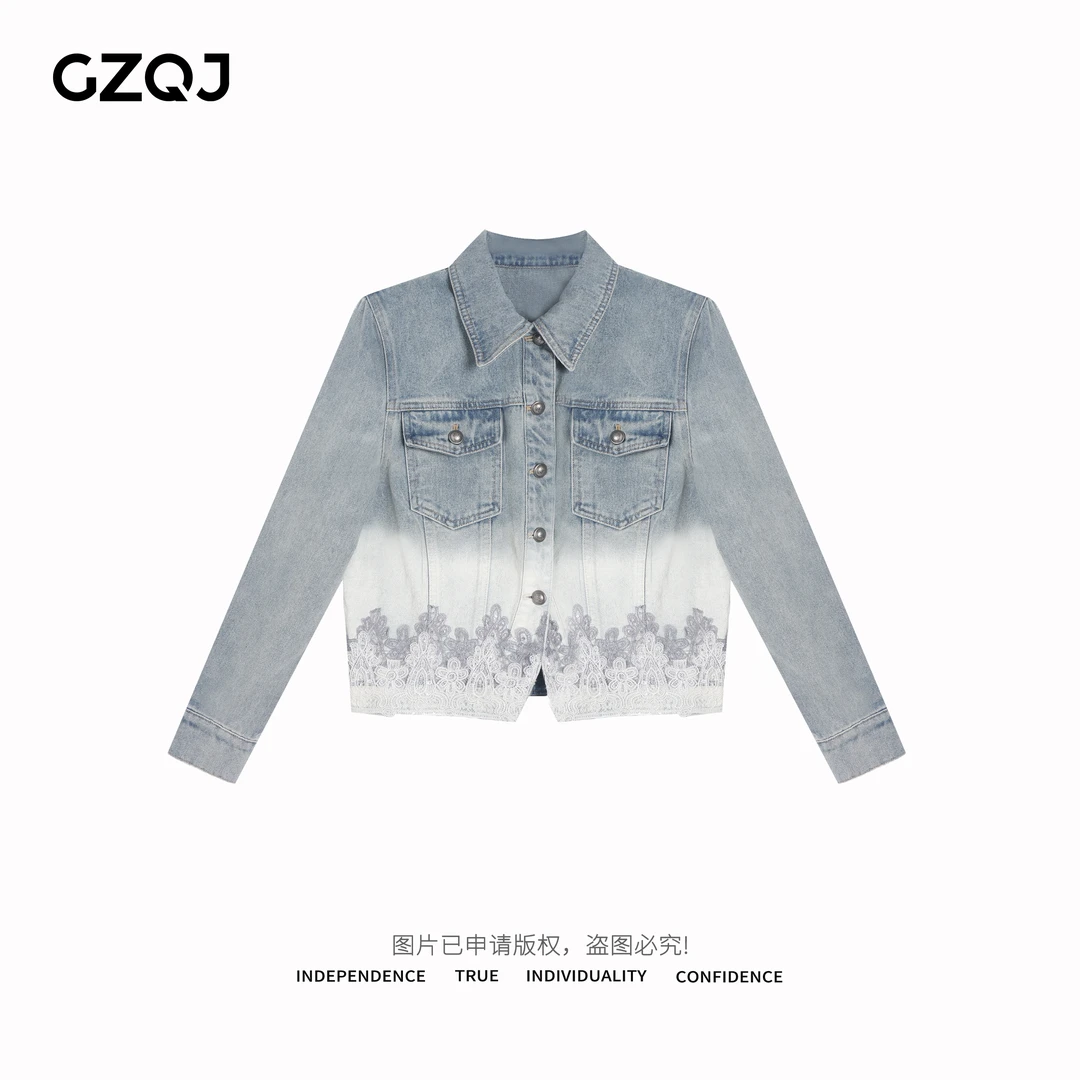 老琴私服【蓝蕾潮裳】复古设计重工渐变蕾丝拼接牛仔外套女60166