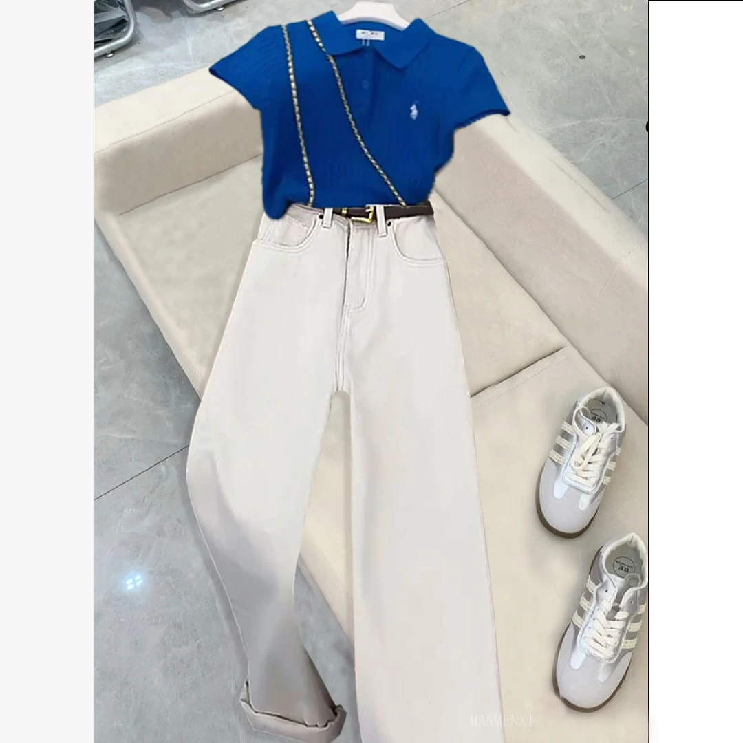 夏季一整套女装2025新款韩版蓝色POLO领短袖T恤高腰直筒裤两件套