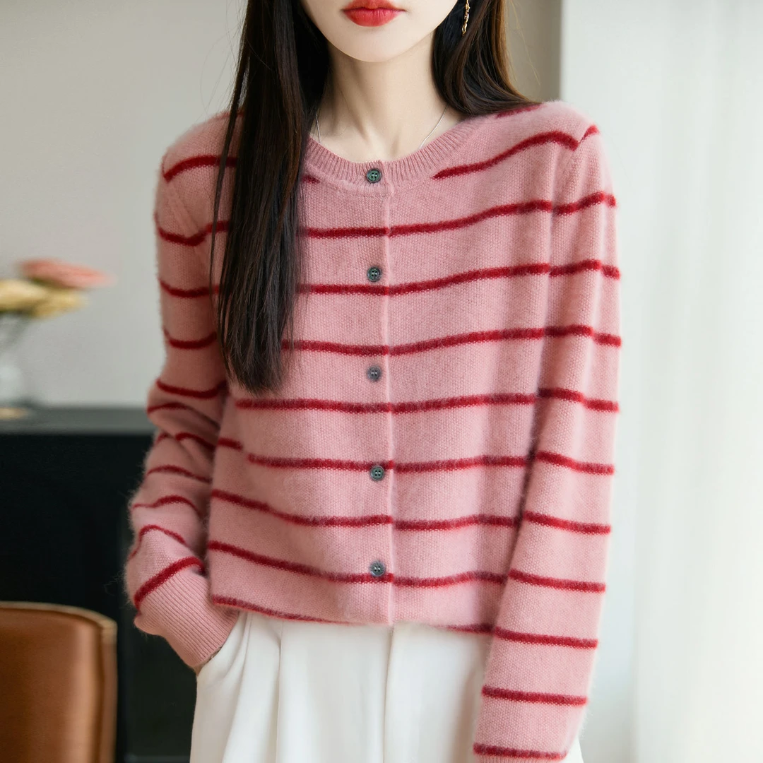 2025新100%纯羊毛开衫女圆领条纹针织毛衣外搭宽松显瘦羊毛外套