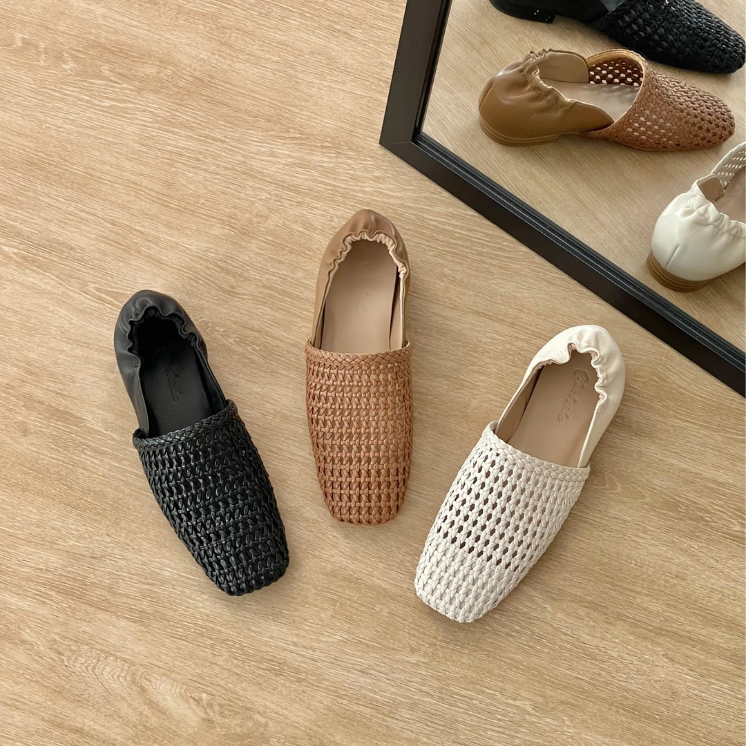 HUSSLOVE 羊皮+编织·跟高1CM·简约舒适百搭编织镂空一脚蹬单鞋女