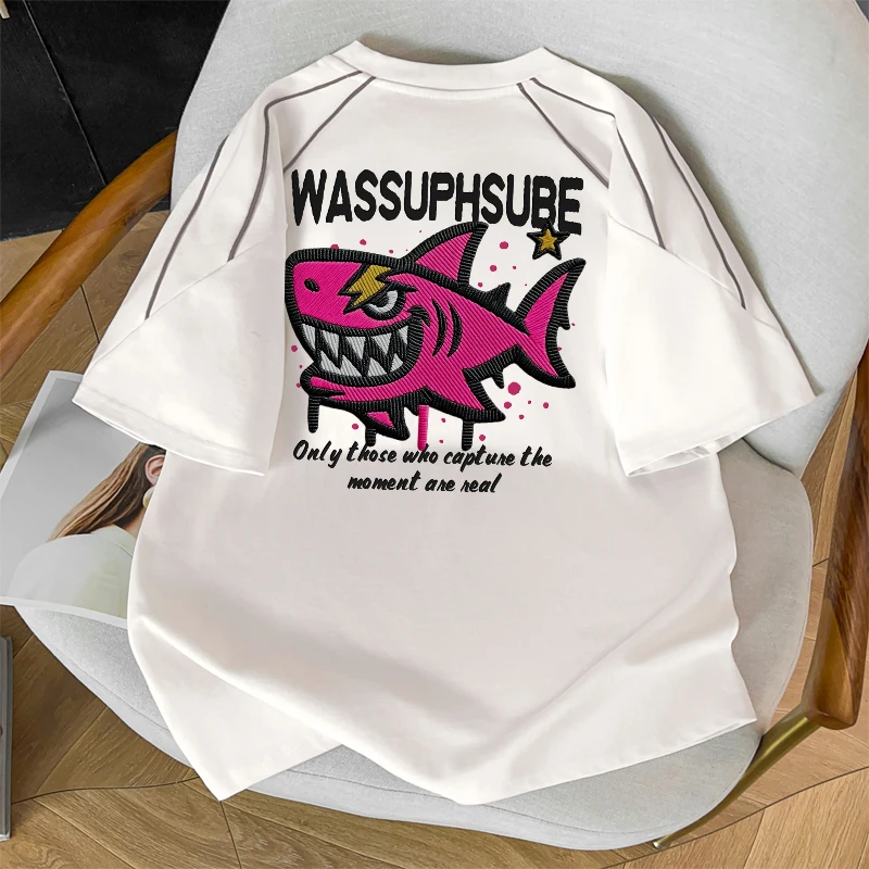 WASSUP HSUBE鲨鱼印花拼接短袖T恤男女夏季新款重磅纯棉半袖上衣