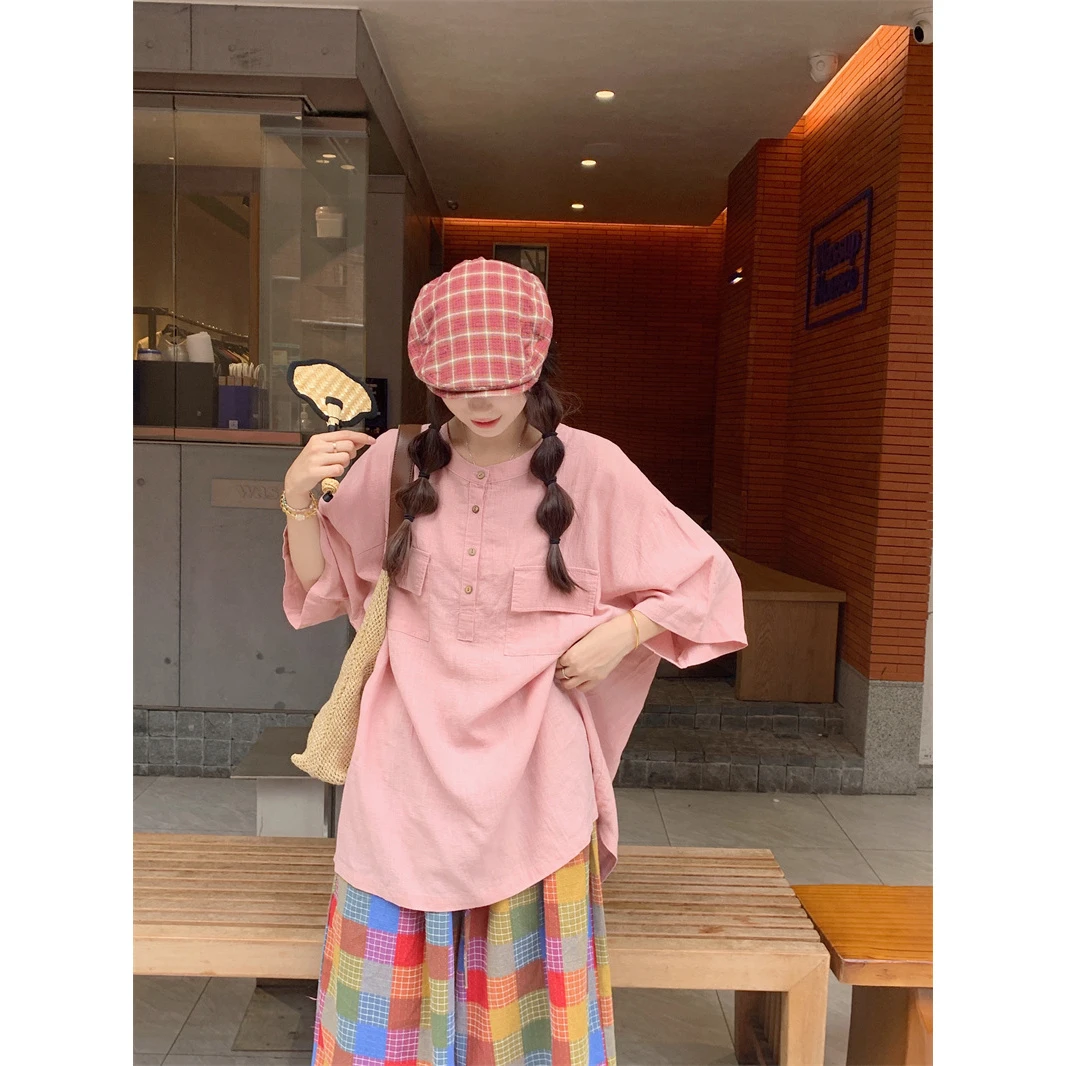 2025夏季新款甜美粉色松弛感宽松休闲中长款圆领短袖衬衫衬衣女装