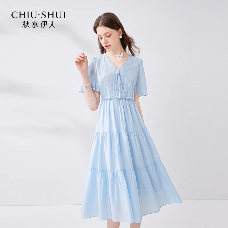 秋水伊人假两件外罩蕾丝小衫连衣裙2025年夏季新款624204A020555