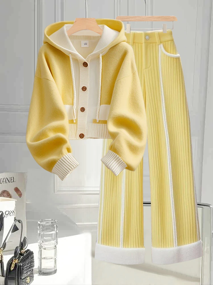 韩系搭配一整套冬装高级感超好看黄色毛衣阔腿裤两件套装洋气时髦