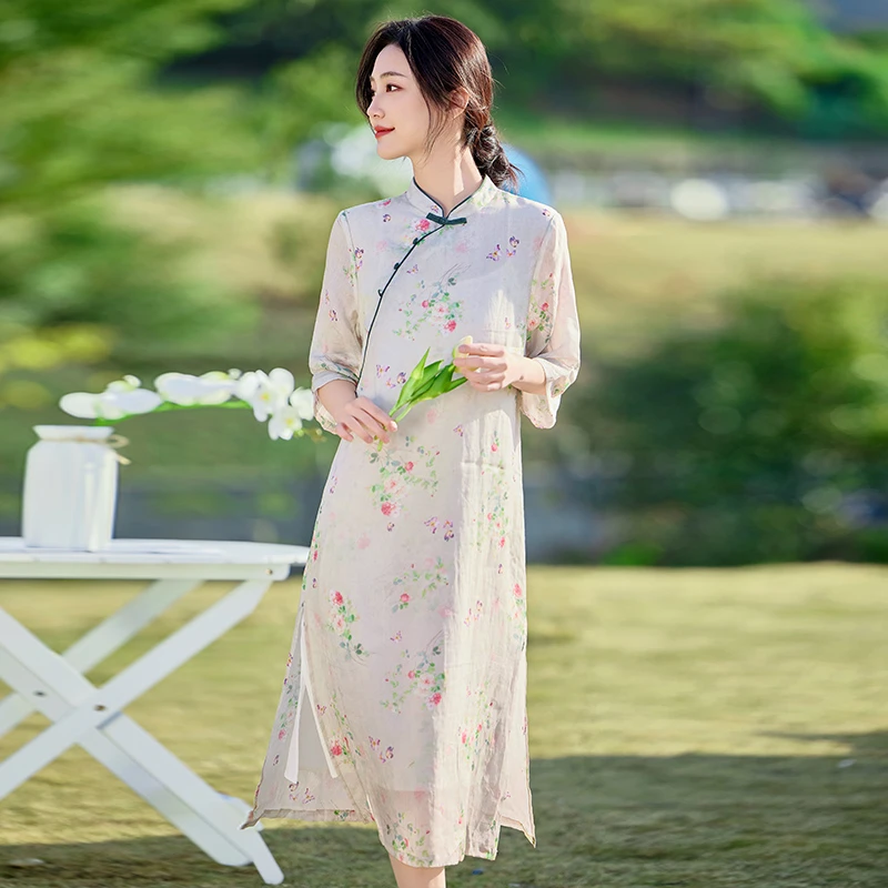 新中式国风改良旗袍苎麻连衣裙女2025新款春夏气质显瘦棉麻碎花裙