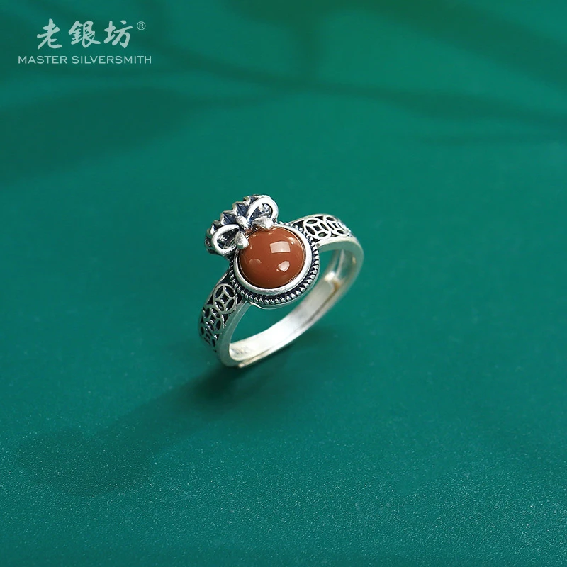 【老银坊】s925银玛瑙金钱福袋戒指 0031617