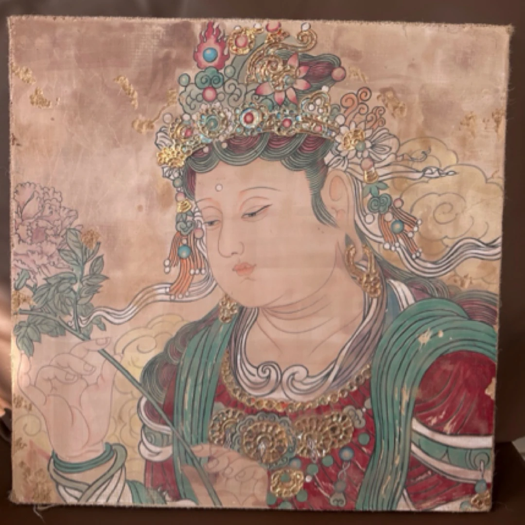 手绘壁画作品药师经变图玉女40x40cm