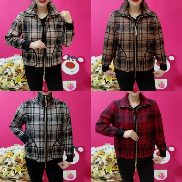 秋季新款拉链款中老年格子外套