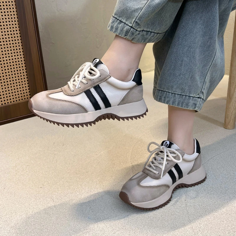 阿甘鞋女2025春季新款真皮拼色时尚板鞋百搭运动休闲鞋潮T6689-02