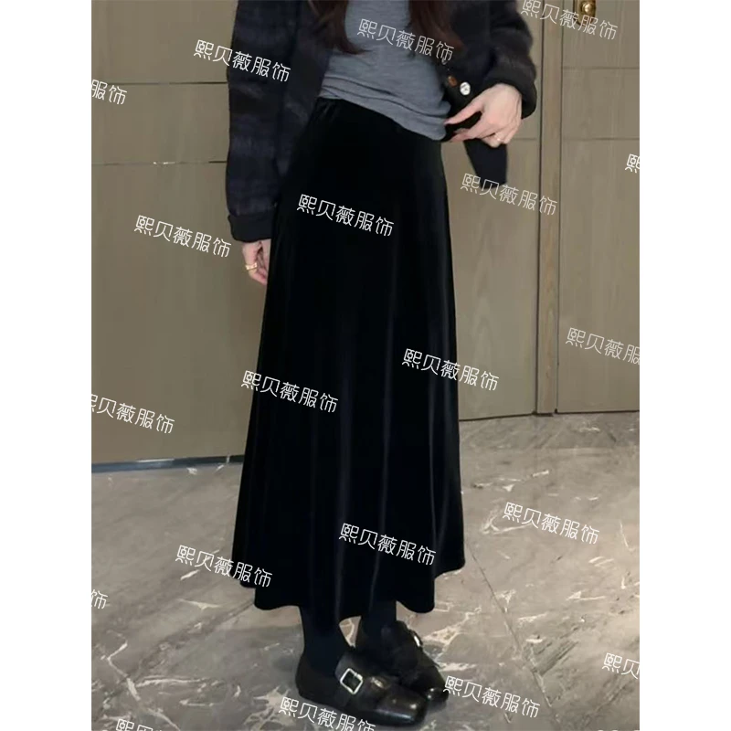 熙贝薇2 秋季新款法式赫本风丝绒高腰宽松百搭A字半身裙 G5265