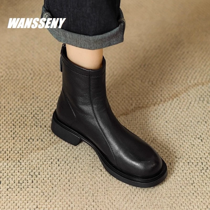 WANSSENY2025年巨软复古真皮切尔西靴女秋冬新款英伦风百搭马丁靴