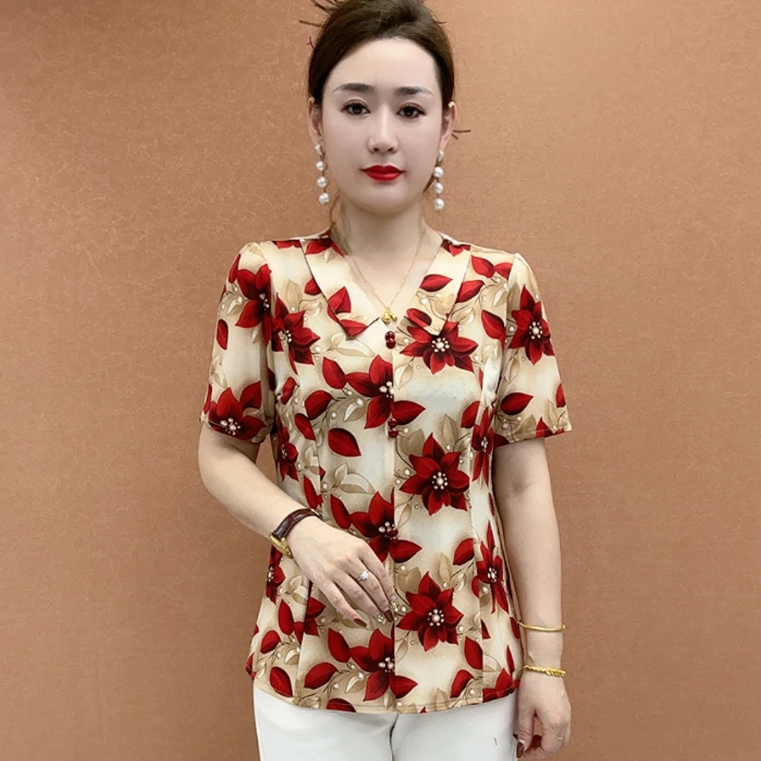 夏季新款短袖衬衫女中老年娃娃领花朵上衣时尚洋气百搭显瘦妈妈装