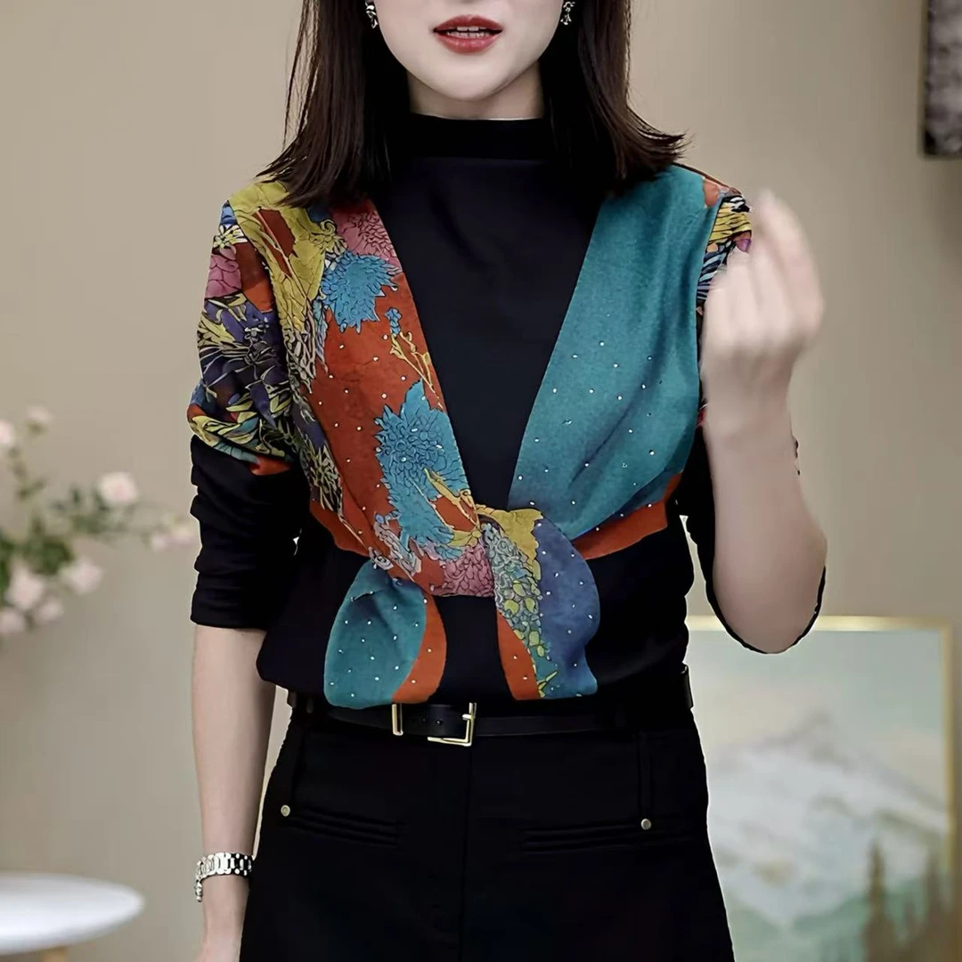 2025秋季新款拼色半高领洋气显瘦气质长袖T恤女修身打底衫上衣潮