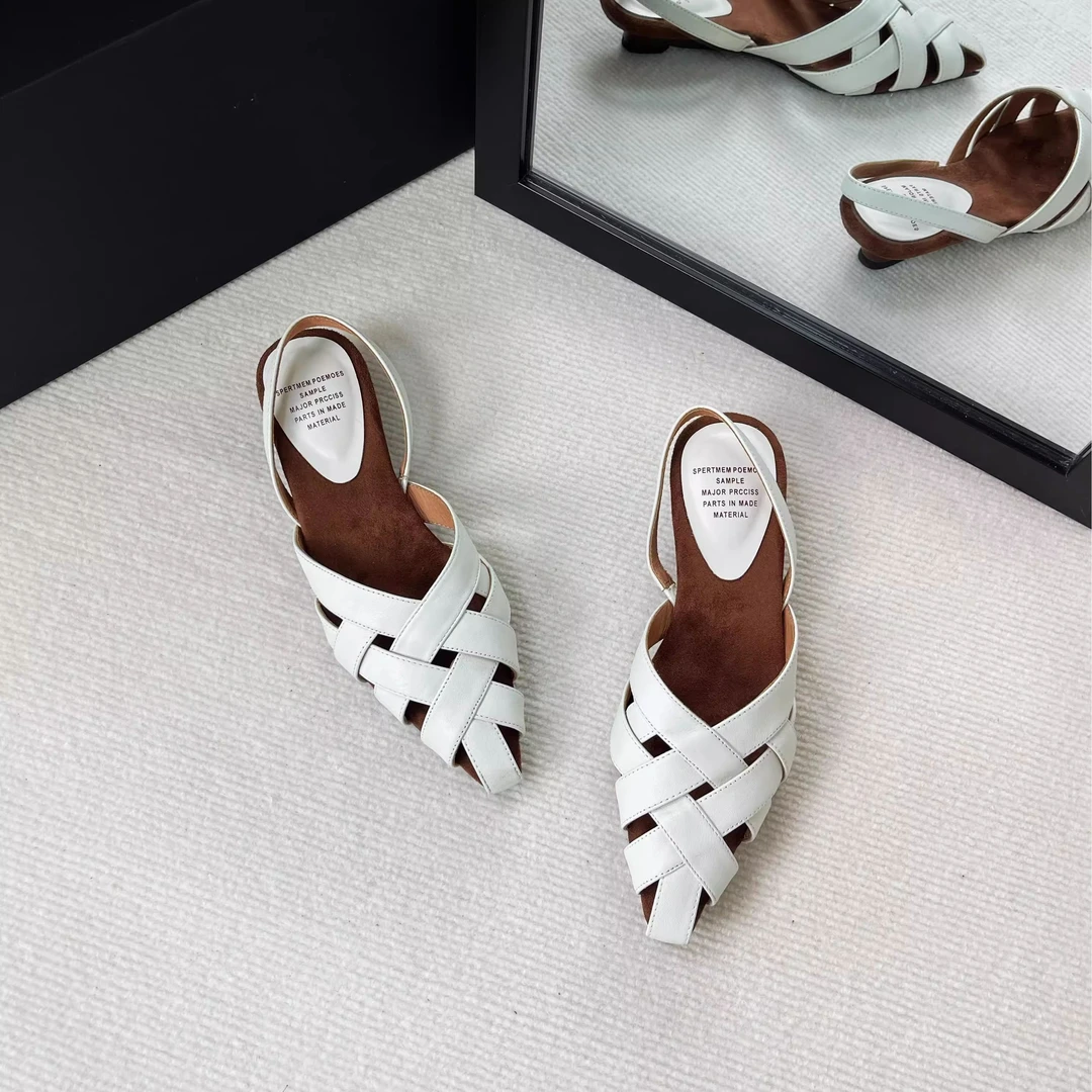 HUSSLOVE 头层牛皮·跟高3.5CM·小众时髦大牌感尖头包头编织凉鞋