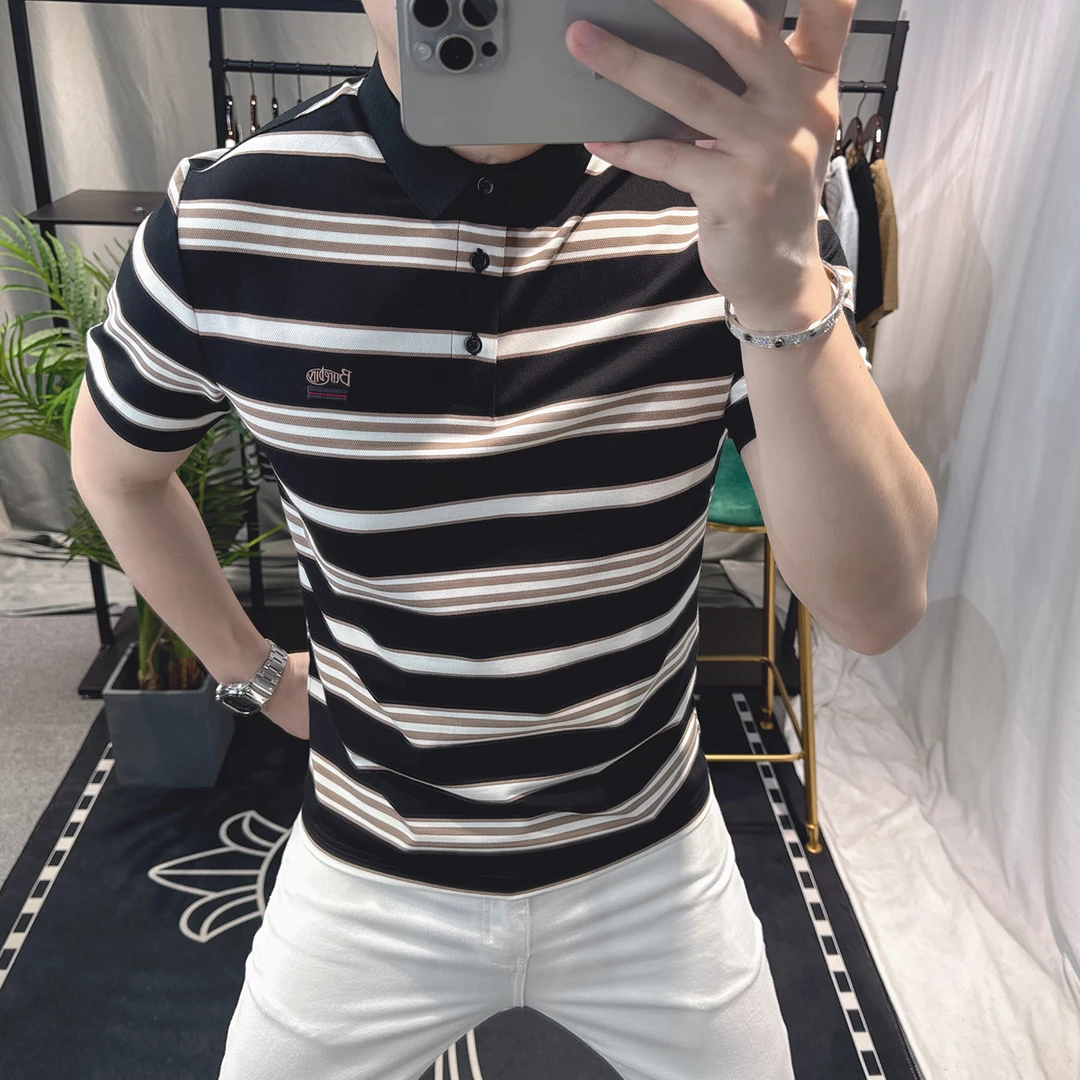 欧洲站夏季2025新款男士翻领短袖t恤个性时尚洋气条纹polo衫男潮
