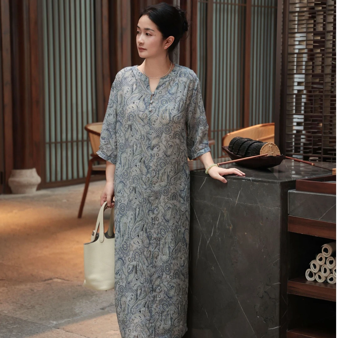 麻享【东方佩斯利·连衣裙】莨麻腰果印花青花瓷长裙珍珠扣FSY50755