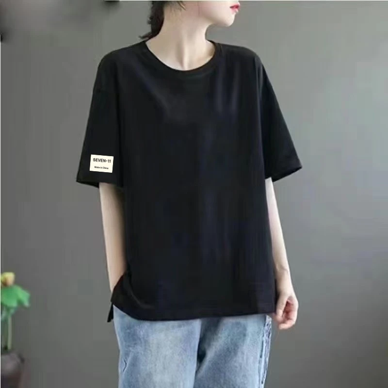 100%纯棉圆领中长款短袖t恤女潮牌纯色宽松显瘦上衣女夏款衣服潮
