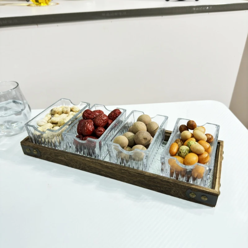 简约家用干果盒欧式水晶玻璃零食盒实木海棠花托盘办公室水果摆盘