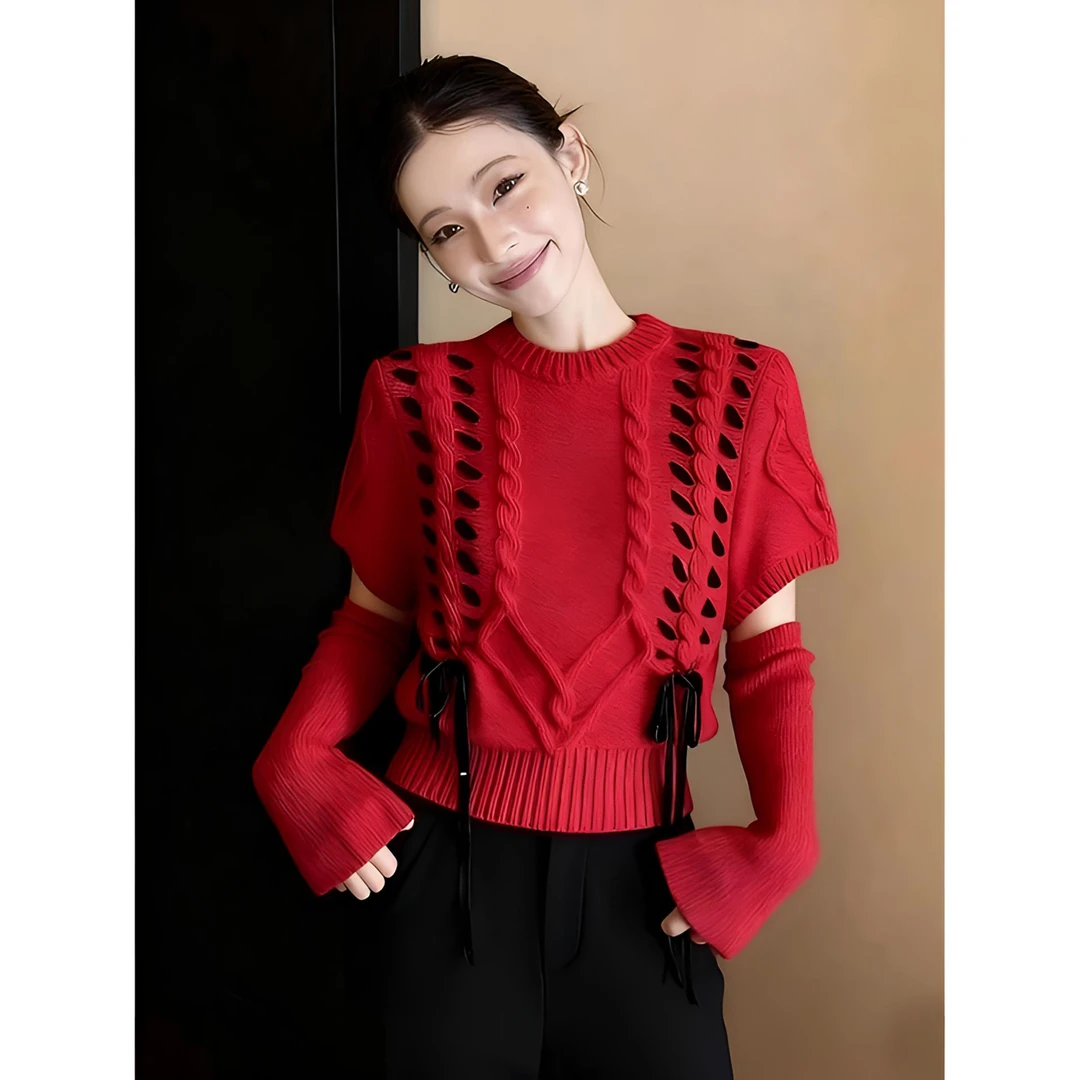 2025新款冬季圣诞红色袖套针织衫毛衣女慵懒风设计感宽松长袖上衣