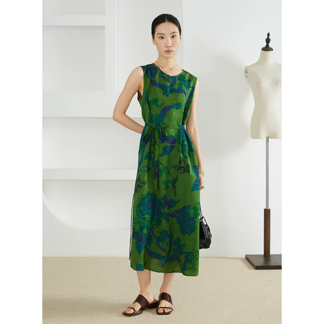 SILVIYE绞萝香云纱圆领真丝100桑蚕丝收腰显瘦连衣裙夏LQ52172