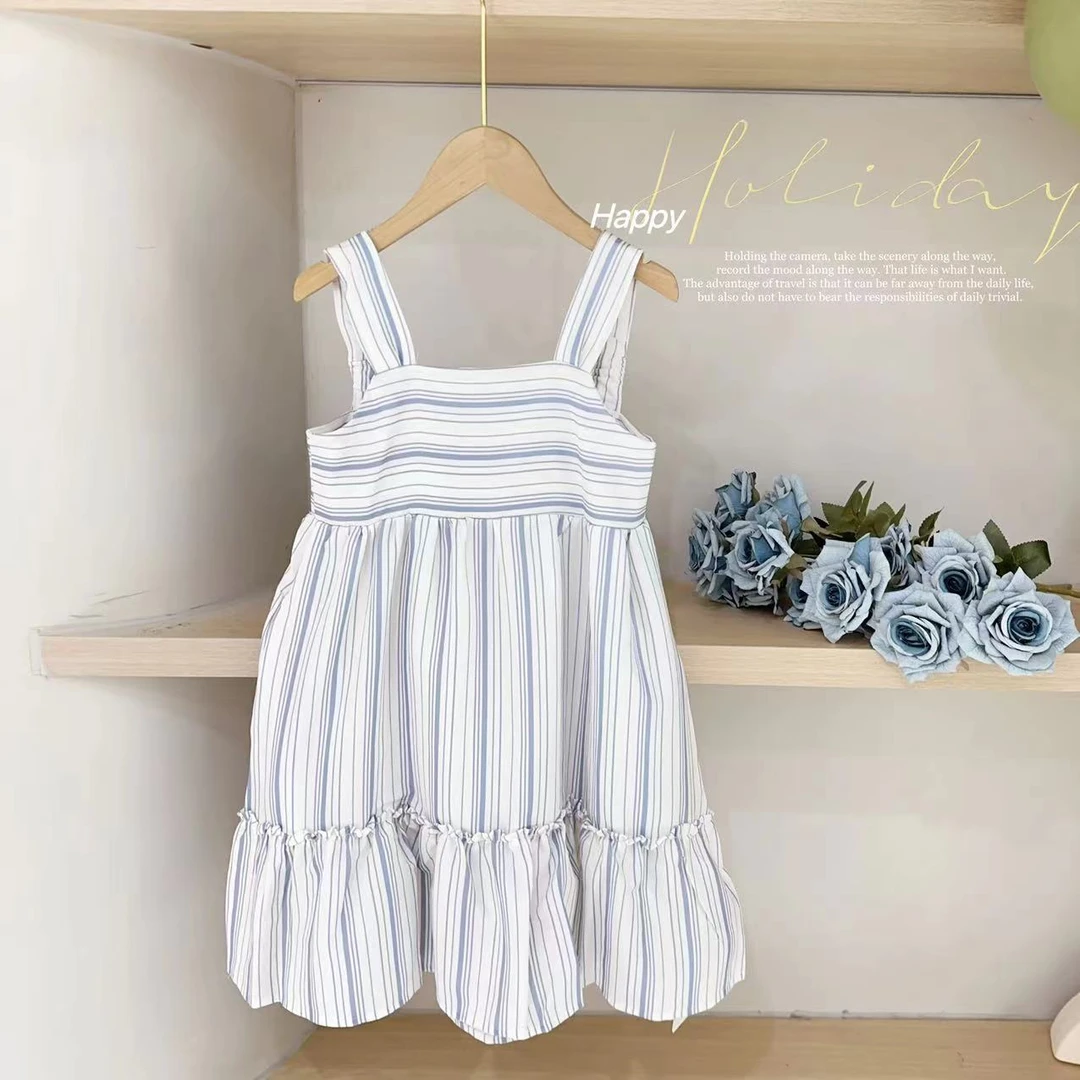 汤圆家童装2025夏季新款韩系甜美荷叶边条纹沙滩吊带裙 XA-718