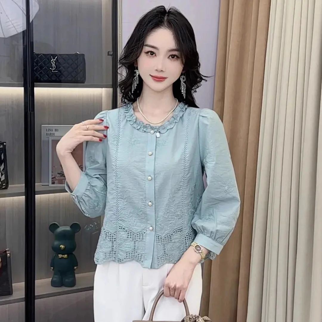 时尚花边圆领衬衫女2025秋季新款洋气减龄设计感百搭七分袖上衣潮