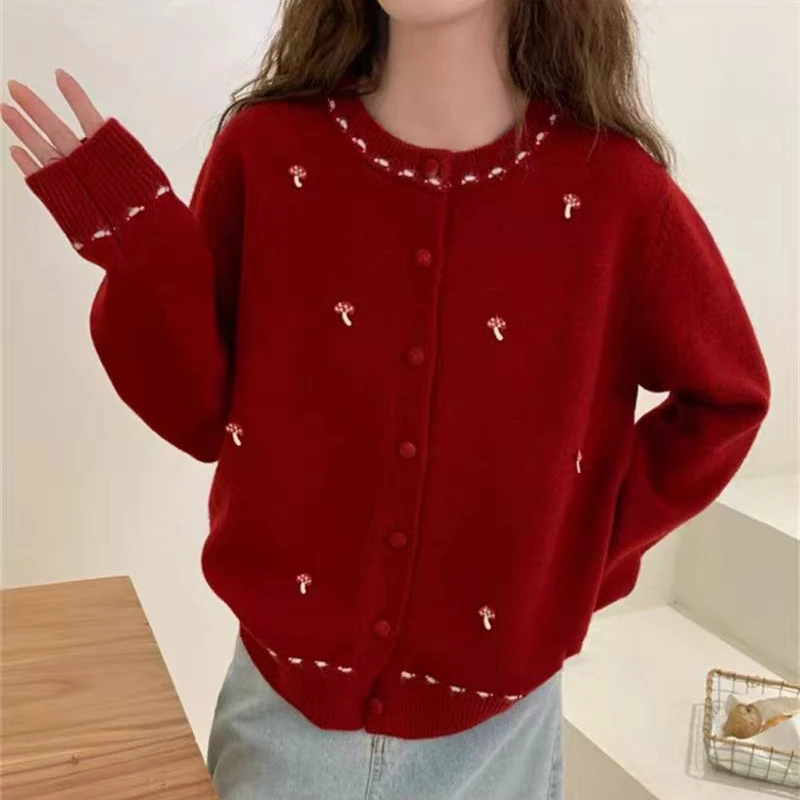 春装新款圆领时尚开衫女洋气百搭长袖针织衫显瘦减龄毛衣外套女