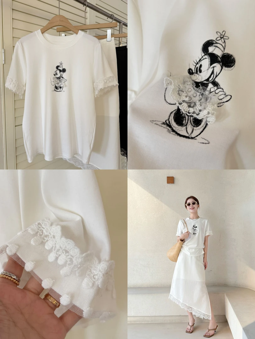 SUNCC现货 米妮公主 夏季新款气质小众设计感蕾丝拼接百搭卡通T恤