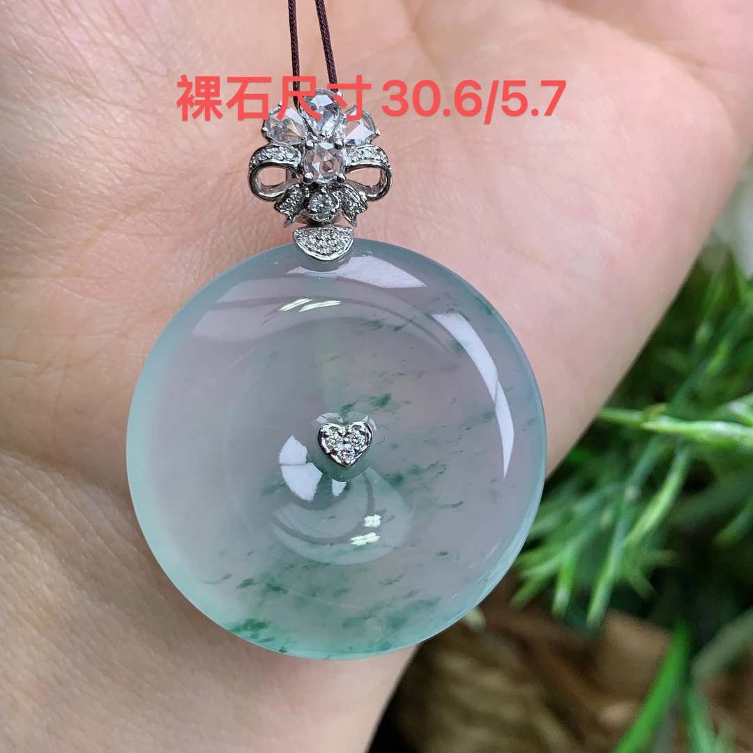 缅甸天然翡翠A货18k高冰起钢飘花平安扣吊坠奋尺寸40.5/30.6/5.7m