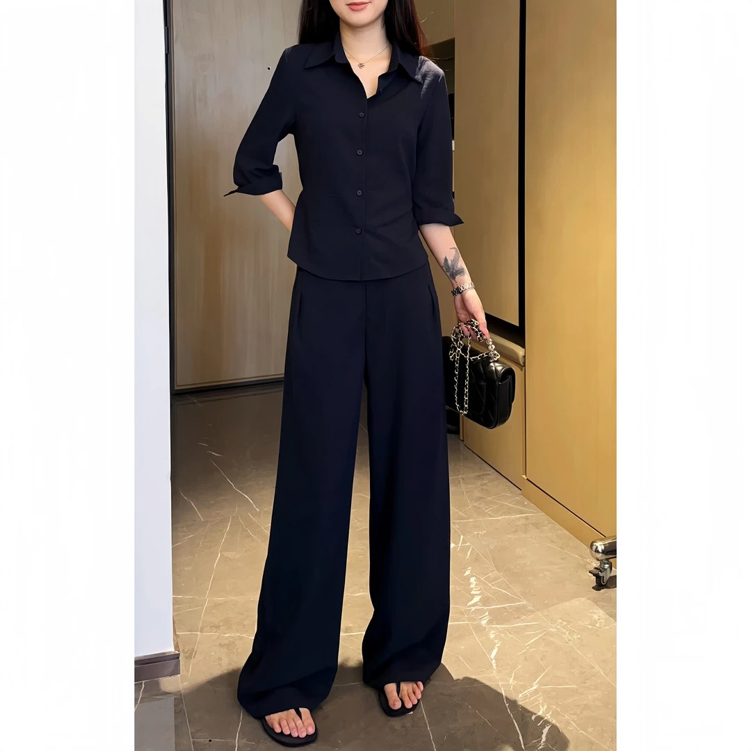 老钱风藏蓝色时尚套装女中袖翻领衬衫+高腰宽松阔腿裤休闲两件套