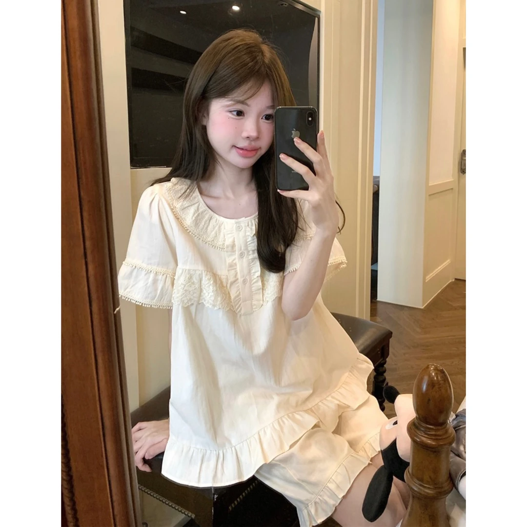 韩系宫廷风甜美蕾丝花边纯棉睡衣女款夏季短袖短裤少女家居服套装