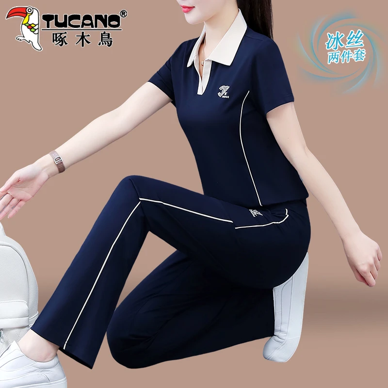 啄木鸟冰丝运动服套装女夏季2025新款洋气翻领薄款短袖休闲两件套